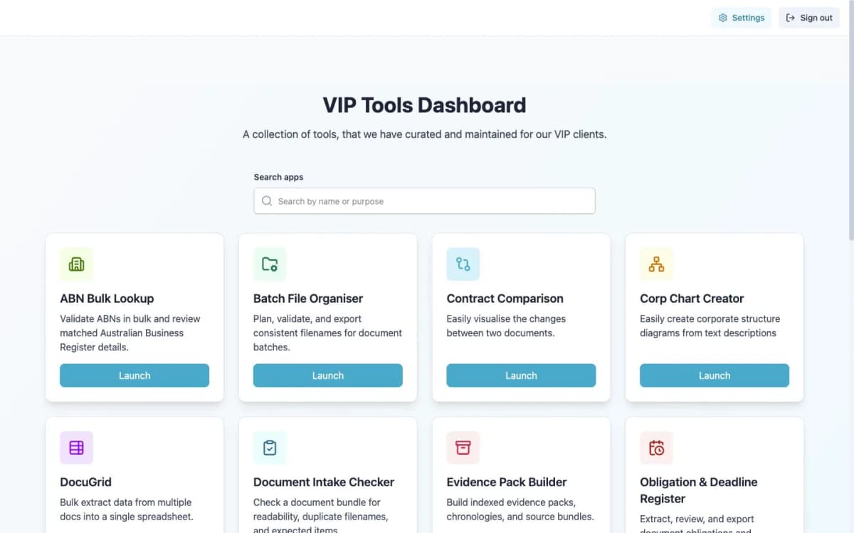 Preview of the VIPTools workspace, with tools for ABN checks, document comparison, corporate charts and document review.
